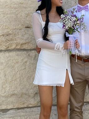 thatssofetch White Mini Dress with Sheer Long Sleeves